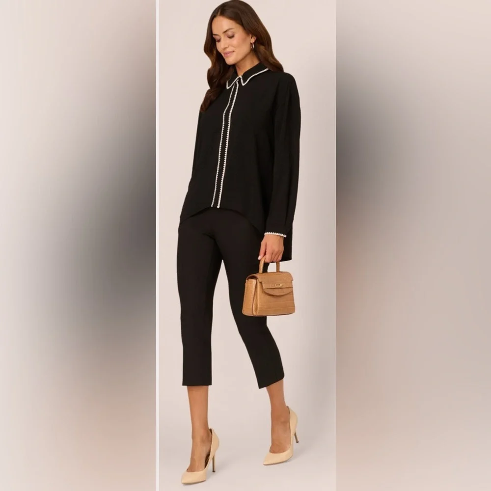 Adrianna Papell Button Up Top M Black White Relaxed Embroidered Woven Career